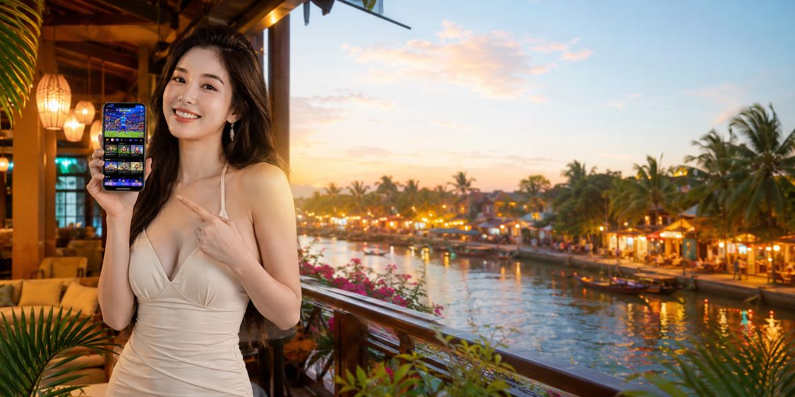 Người dùng tại Hội An trải nghiệm cá cược thể thao trực tuyến trên điện thoại bên tách cà phê