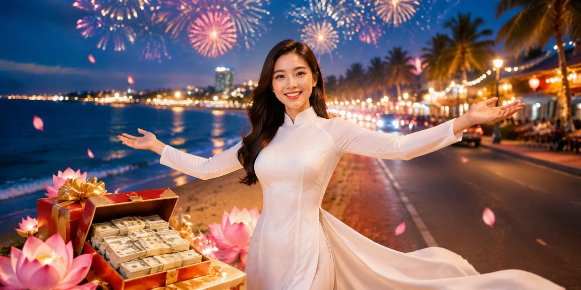 Người phụ nữ mặc áo dài trải nghiệm giải trí trực tuyến tại Mũi Né biển xanh